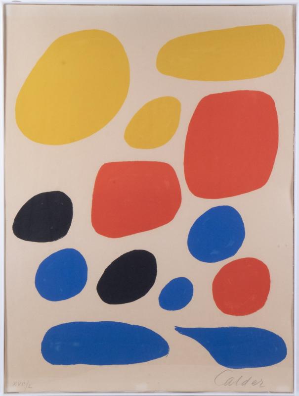 A lithograph by Alexander Calder on Arches paper, pencil signed and numbered 17/50. Printed by Mourlot, Paris and published by International Rescue Committee, New York. A lithograph by Alexander Calder on Arches paper, pencil signed and numbered 17/50. Printed by Mourlot, Paris and published by International Rescue Committee, New York.