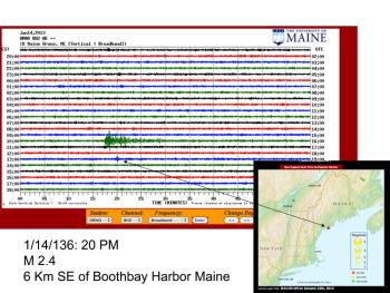 The University of Maine seismometer charted the 2.5-magnitude earthquake off Boothbay Harbor on January 14. Alice Kelley, a faculty member in the UMaine School of Earth and Climate Sciences, prepared a seismometer graphic displaying the occurrence.