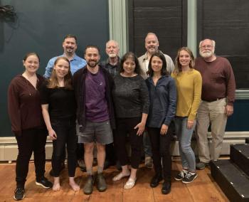 The director and cast of "Months on End". (l-r, front: Cassidy Small, Abby Boucher, Nate Marx, Robyn Tarantino, Audra Martin, Julia Clapp; back: Jared Nickerson, Francis A. King, Brandon Muggy, and Greg Marsanskis). (Photo by Gwyneth Sauvage)