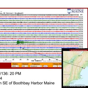 The University of Maine seismometer charted the 2.5-magnitude earthquake off Boothbay Harbor on January 14. Alice Kelley, a faculty member in the UMaine School of Earth and Climate Sciences, prepared a seismometer graphic displaying the occurrence.