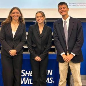 Maine Business School student Connor Daigle (right) and his teammates, Paige Martin (center) and Gracie Coker (left), won the Sherwin-Williams’ Eastern Division Internship Competition with a chatbot service they designed for the company. (Photo courtesy Connor Daigle) Maine Business School student Connor Daigle (right) and his teammates, Paige Martin (center) and Gracie Coker (left), won the Sherwin-Williams’ Eastern Division Internship Competition with a chatbot service they designed for the company. (Photo courtesy Connor Daigle)