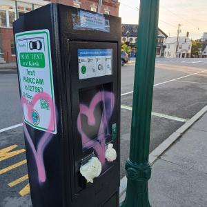 The newly installed paid parking kiosks in downtown Camden were defaced sometime during the night and early morning of Sept. 7-8. Police are investigating. "It is a weak attempt of a person trying to 'protest' or complain of the audacity of a town's authority to charge money for convenient parking spots," said resident Peter Lindquist, who took photos of two of the kiosks. "A first world problem.... Welcome to Camden." (Photo courtesy Peter Lindquist) The newly installed paid parking kiosks in downtown Camden were defaced sometime during the night and early morning of Sept. 7-8. Police are investigating. (Photo courtesy Peter Lindquist)