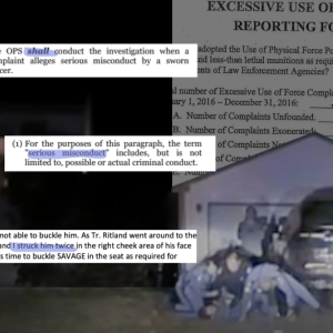 The Maine State Police reviewed 33 excessive force complaints over the past decade and cleared the accused officers in every case. Experts and legal professionals called that record too good to be true. Graphic by Leela Stockley of the Bangor Daily News. a still of dashcam footage overlayed with police report excerpts.